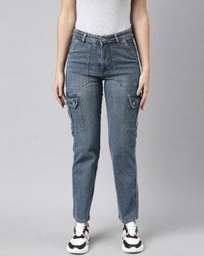 women straight jeans with flap pockets