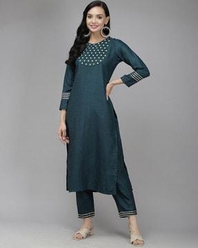 women straight kurta & palazzos set with embroidery