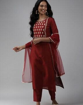 women straight kurta set & dupatta with embroidery