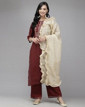 women straight kurta set & dupatta with embroidery