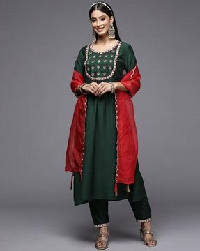 women straight kurta set & dupatta with embroidery