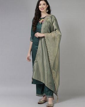 women straight kurta set & dupatta with embroidery