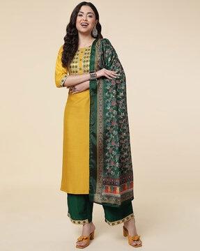 women straight kurta set & dupatta with embroidery