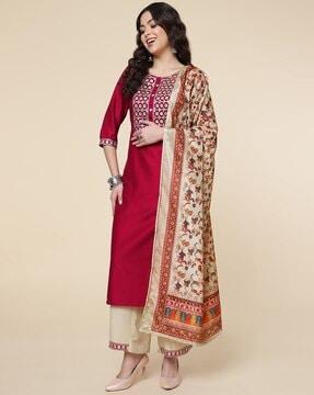 women straight kurta set & dupatta with embroidery