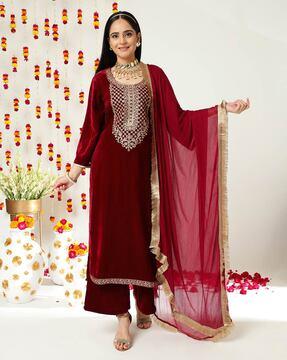 women straight kurta set & dupatta with embroidery