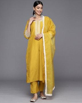 women straight kurta set & dupatta with embroidery