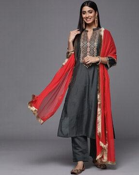 women straight kurta set & dupatta with embroidery