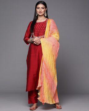 women straight kurta set & dupatta with embroidery