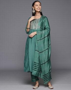 women straight kurta set & dupatta with embroidery