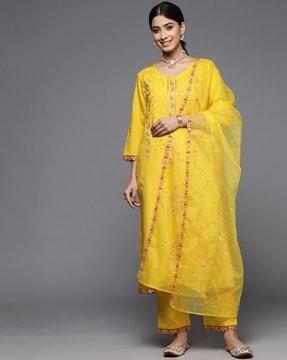 women straight kurta set & dupatta with embroidery