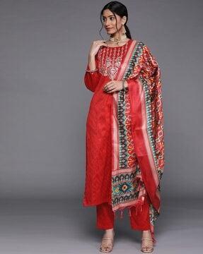 women straight kurta set & dupatta with embroidery