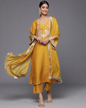 women straight kurta set & dupatta with embroidery