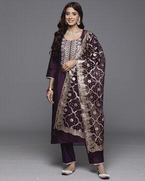 women straight kurta set & dupatta with embroidery