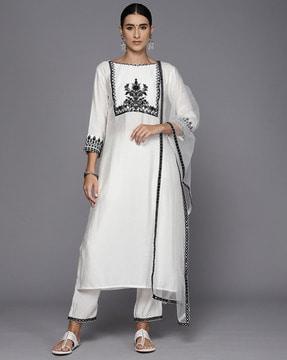 women straight kurta set & dupatta with embroidery