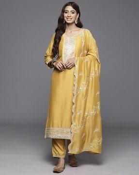 women straight kurta set & dupatta with embroidery