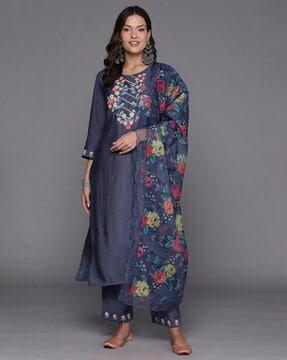 women straight kurta set & dupatta with embroidery