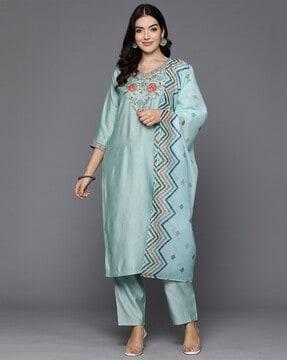 women straight kurta set & dupatta with embroidery