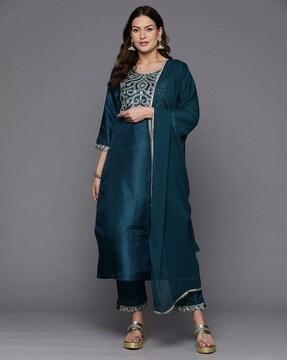 women straight kurta set & dupatta with embroidery