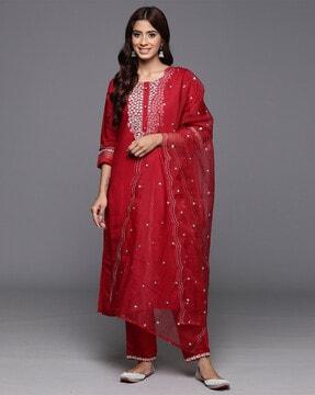 women straight kurta set & dupatta with embroidery