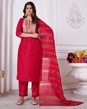 women straight kurta set & dupatta with embroidery