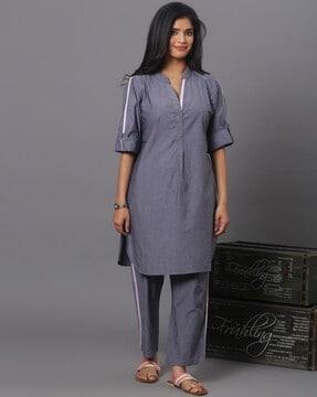 women straight kurta set with mandarin collar