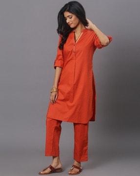 women straight kurta set with mandarin collar