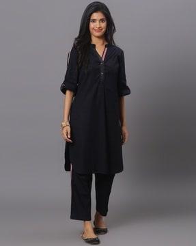 women straight kurta set with mandarin collar