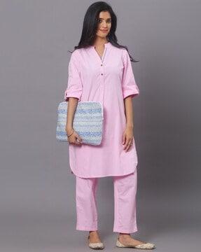 women straight kurta set with mandarin collar