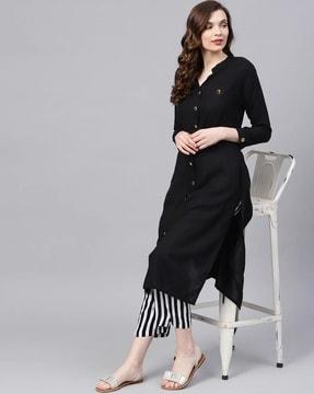 women straight kurta set with mandarin collar