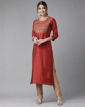 women straight kurta with embroidery yoke