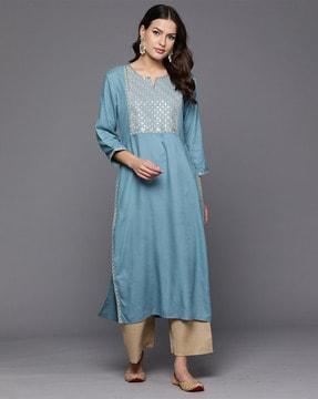 women straight kurta with embroidery yoke