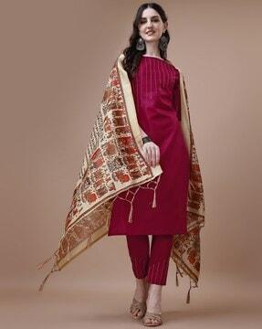 women straight kurta with pants & dupatta set