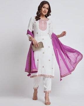 women straight kurta with pants & dupatta set