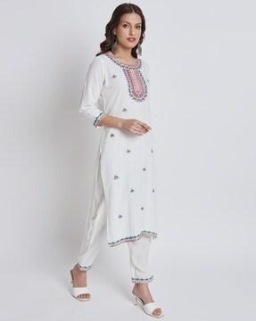 women straight kurta with pants & dupatta setn