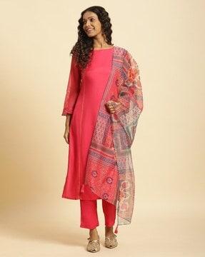 women straight kurta with pants & dupatta