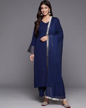 women straight kurta with pants & embellished dupatta