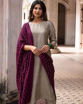 women straight kurta with pants & embroidered dupatta