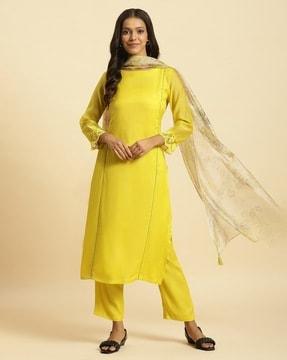 women straight kurta with pants & printed dupatta