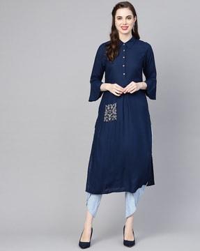 women straight kurta with patch pocket