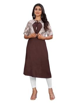 women straight kurti with printed jacket