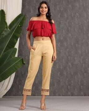 women straight pants with lace-inserts