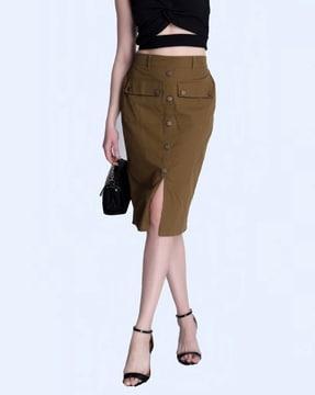 women straight skirt with button accent