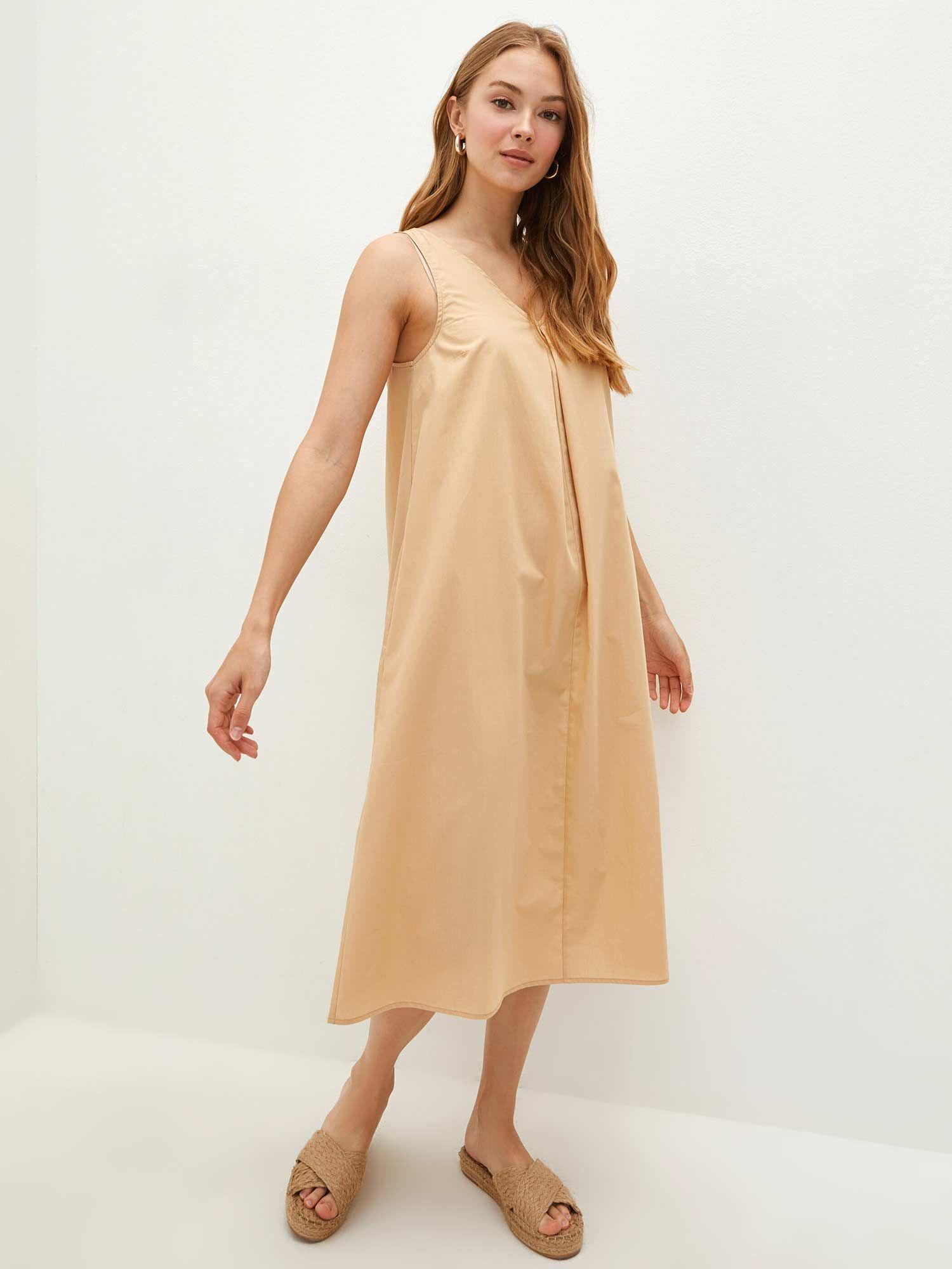 women straight sleeveless poplin beige dress