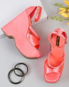 women strappy heeled wedges with ankle-loop