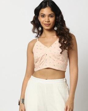 women strappy schiffli embroidered relaxed fit crop top