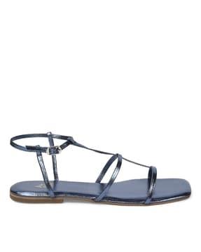 women strappy slip-on flat sandals with buckle accent