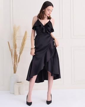 women strappy wrap dress with ruffles