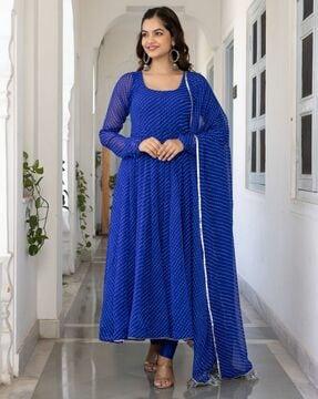 women striped & embellished anarkali kurta set with dupatta