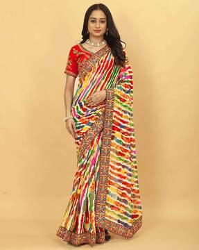 women striped & embroidered bordered saree with blouse piece