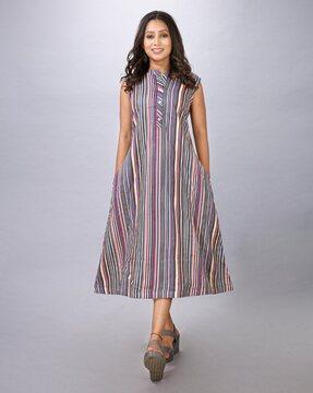 women striped a-line a-line dress with round neck